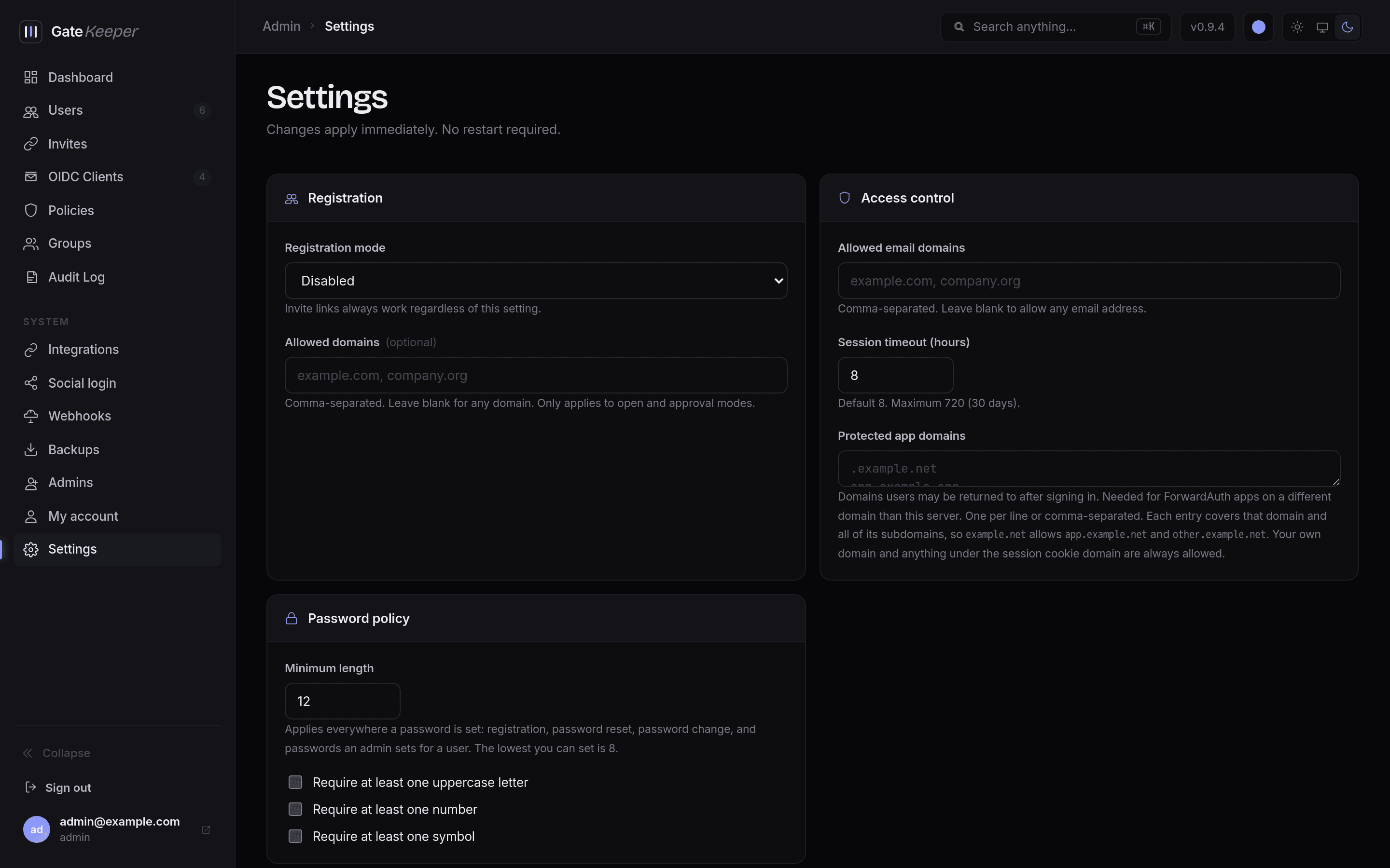 Settings page