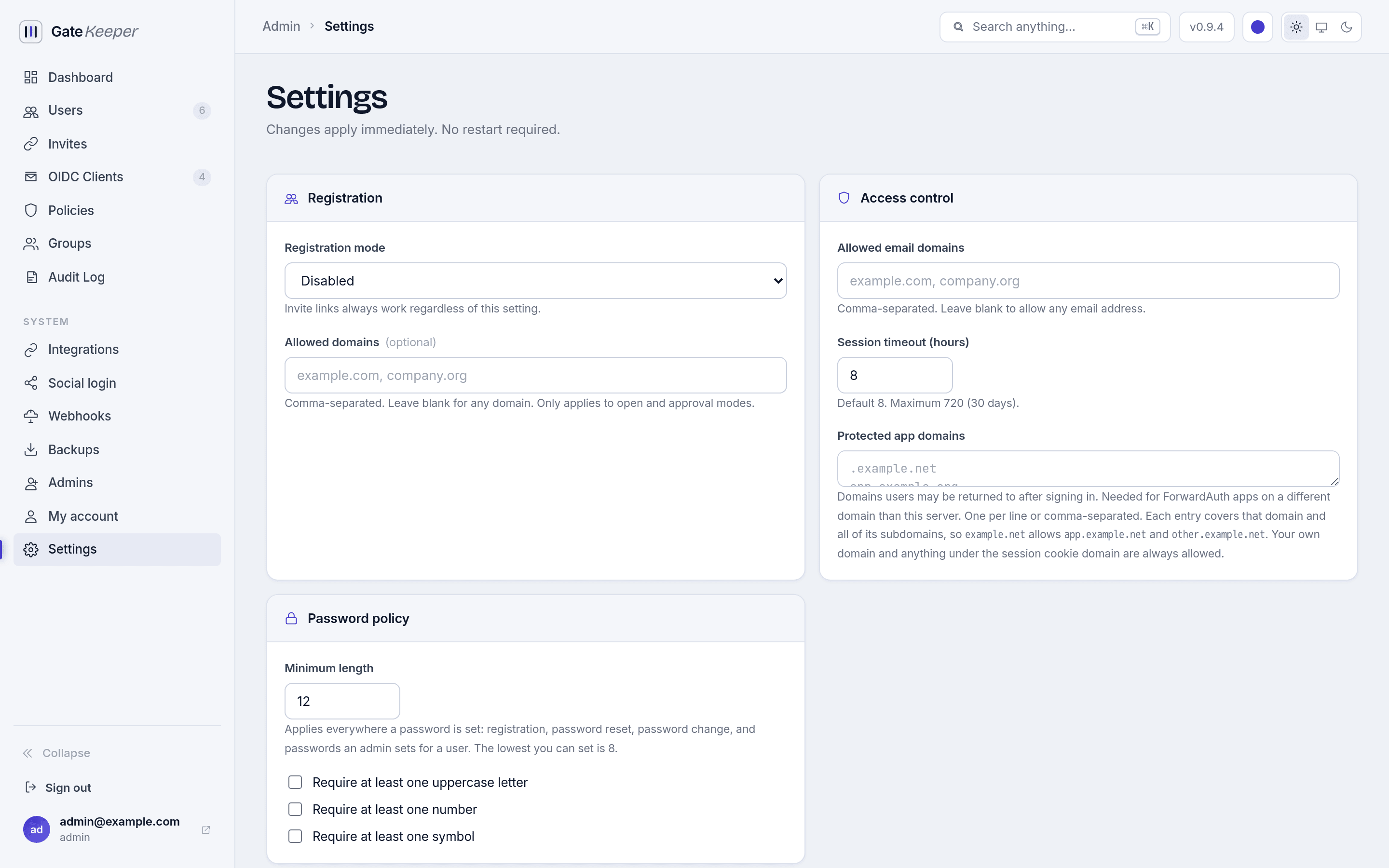 Settings page